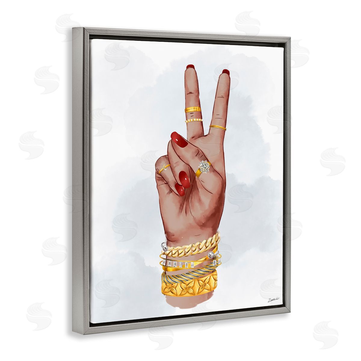 Glam Peace Hand Sign Grey Floating Frame Canvas Wall Art, Home Decor by Ziwei Li