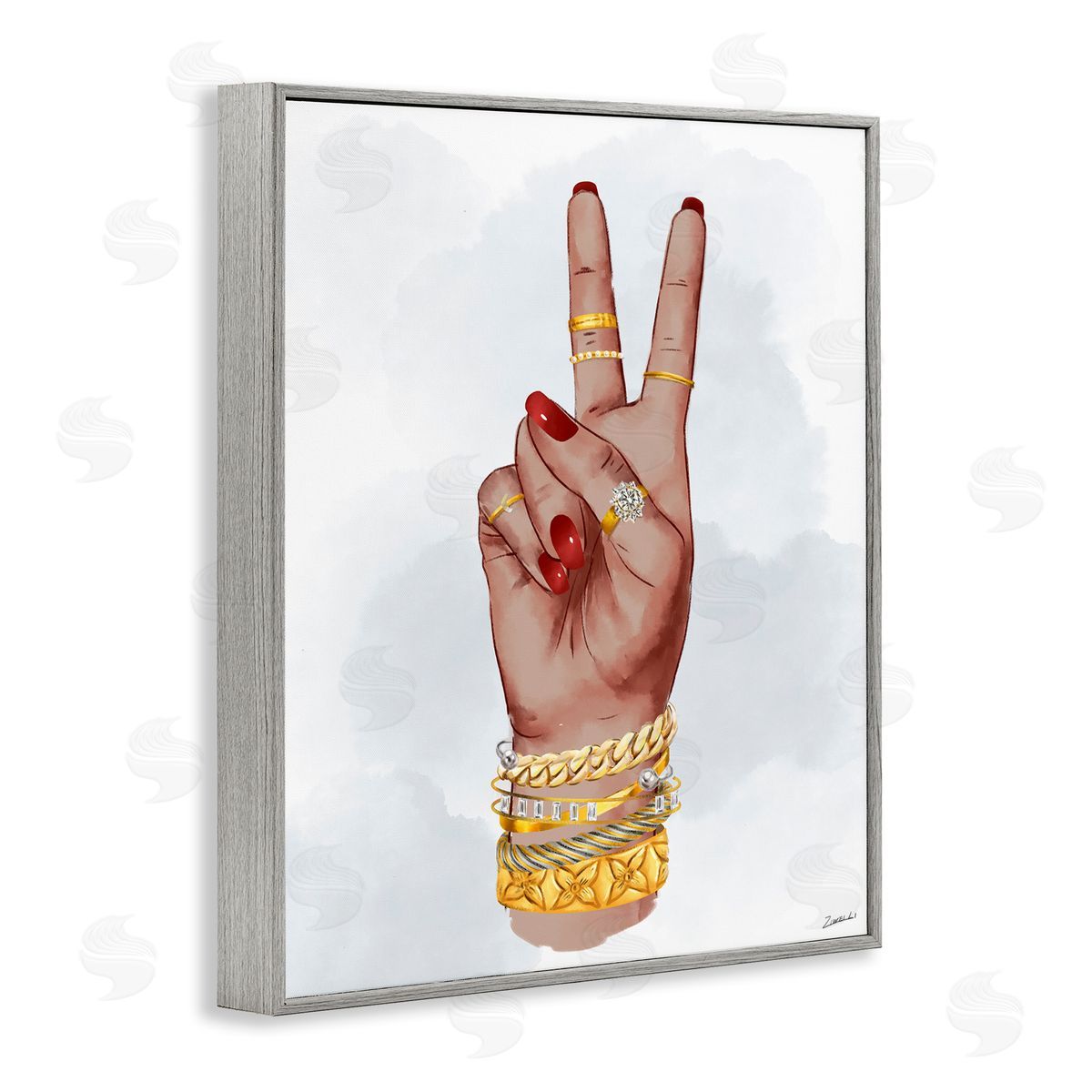 Glam Peace Hand Sign Grey Frame Print Wall Art, Home Decor by Ziwei Li