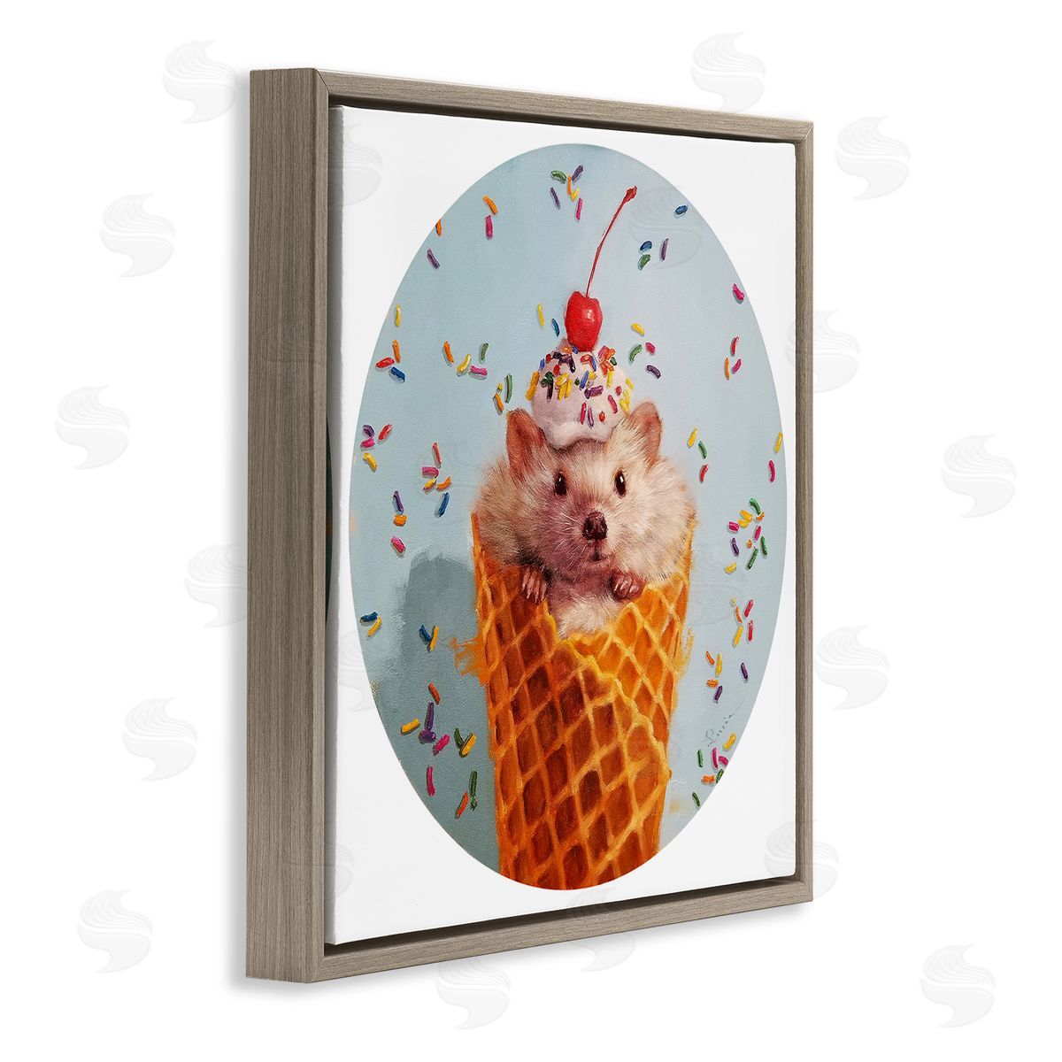 Ice Cream Cone Mouse Brown Floating Frame Canvas Wall Art, Home Decor by Lucia Heffernan