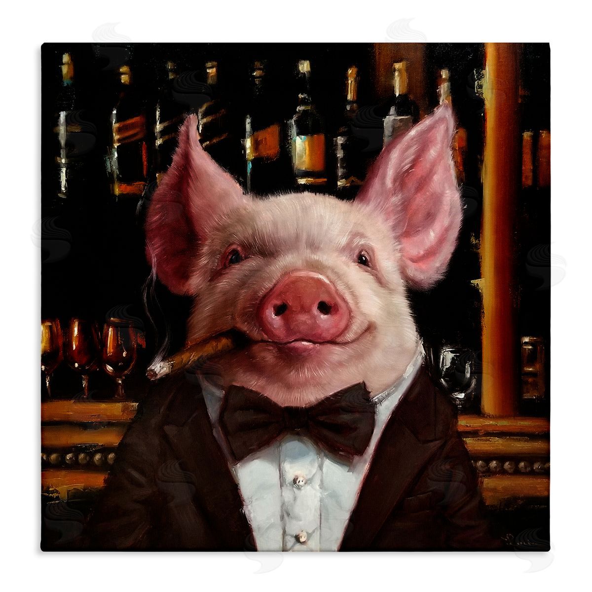 Classy Pig at Cigar Bar Canvas Wall Art, Home Decor by Lucia Heffernan
