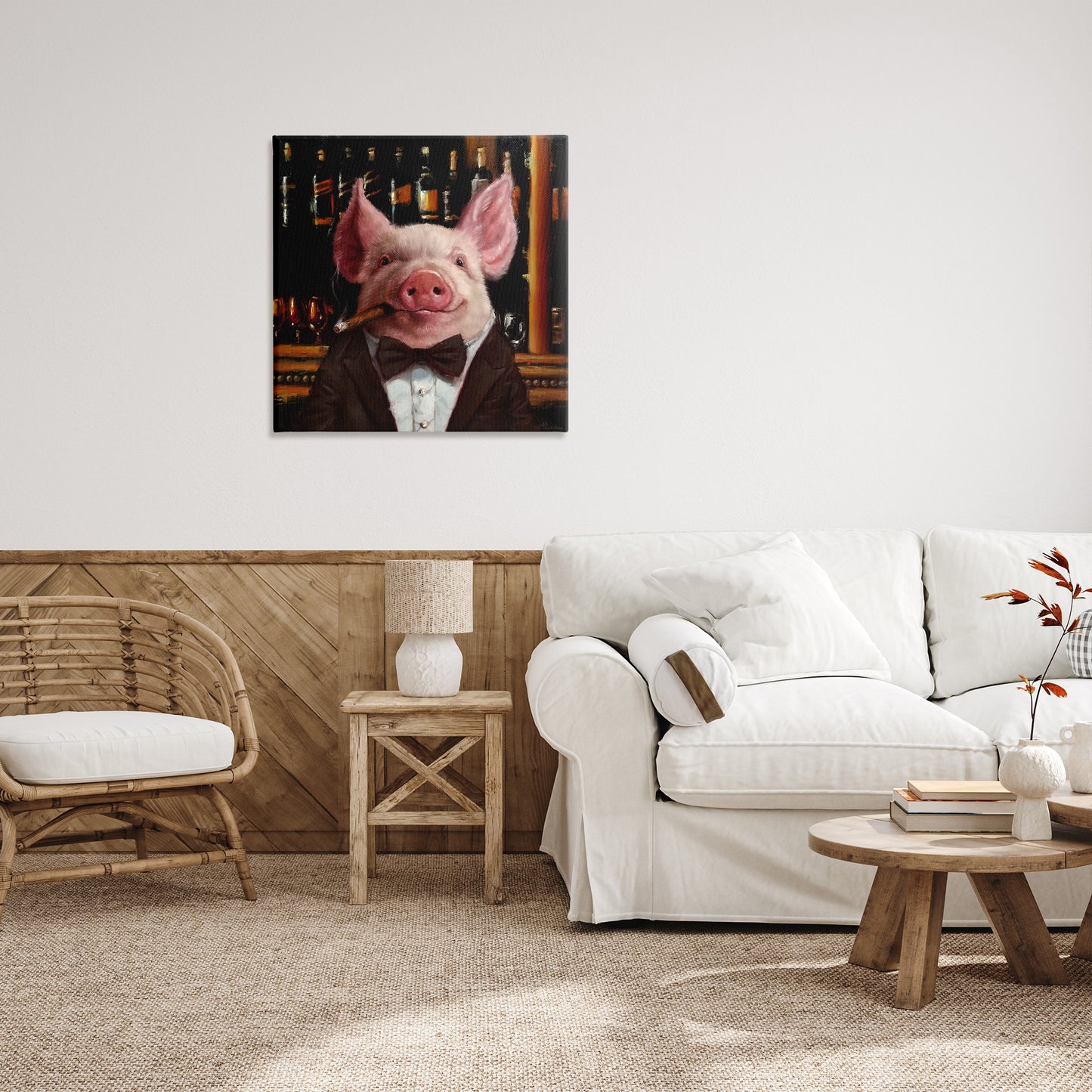 Classy Pig at Cigar Bar Canvas Wall Art in Room, Home Decor by Lucia Heffernan