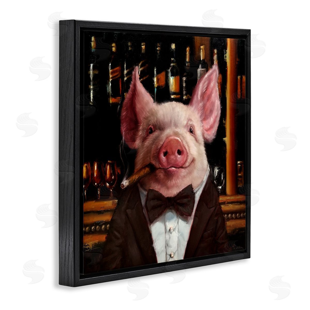 Classy Pig at Cigar Bar Black Floating Frame Canvas Wall Art, Home Decor by Lucia Heffernan
