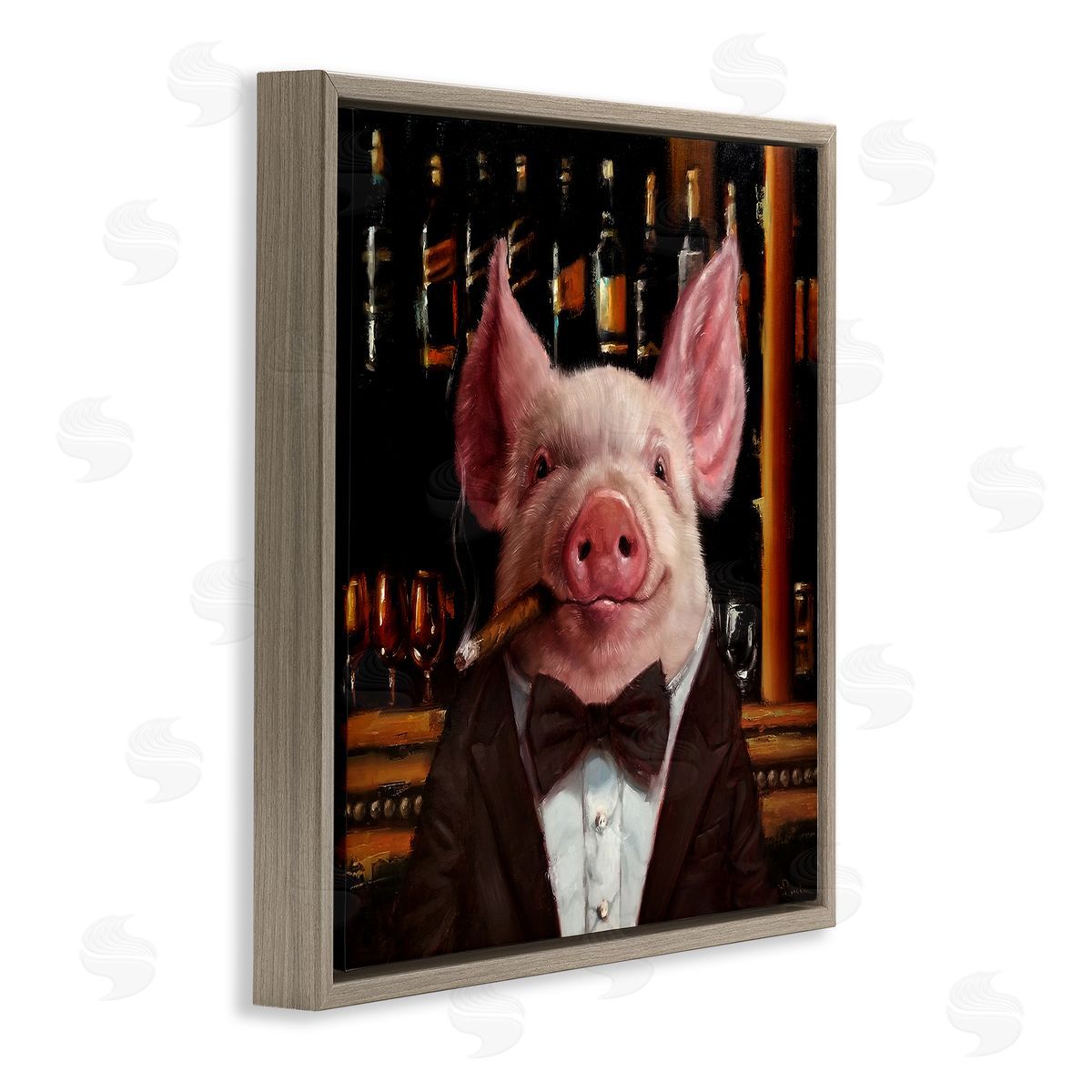 Classy Pig at Cigar Bar Brown Floating Frame Canvas Wall Art, Home Decor by Lucia Heffernan