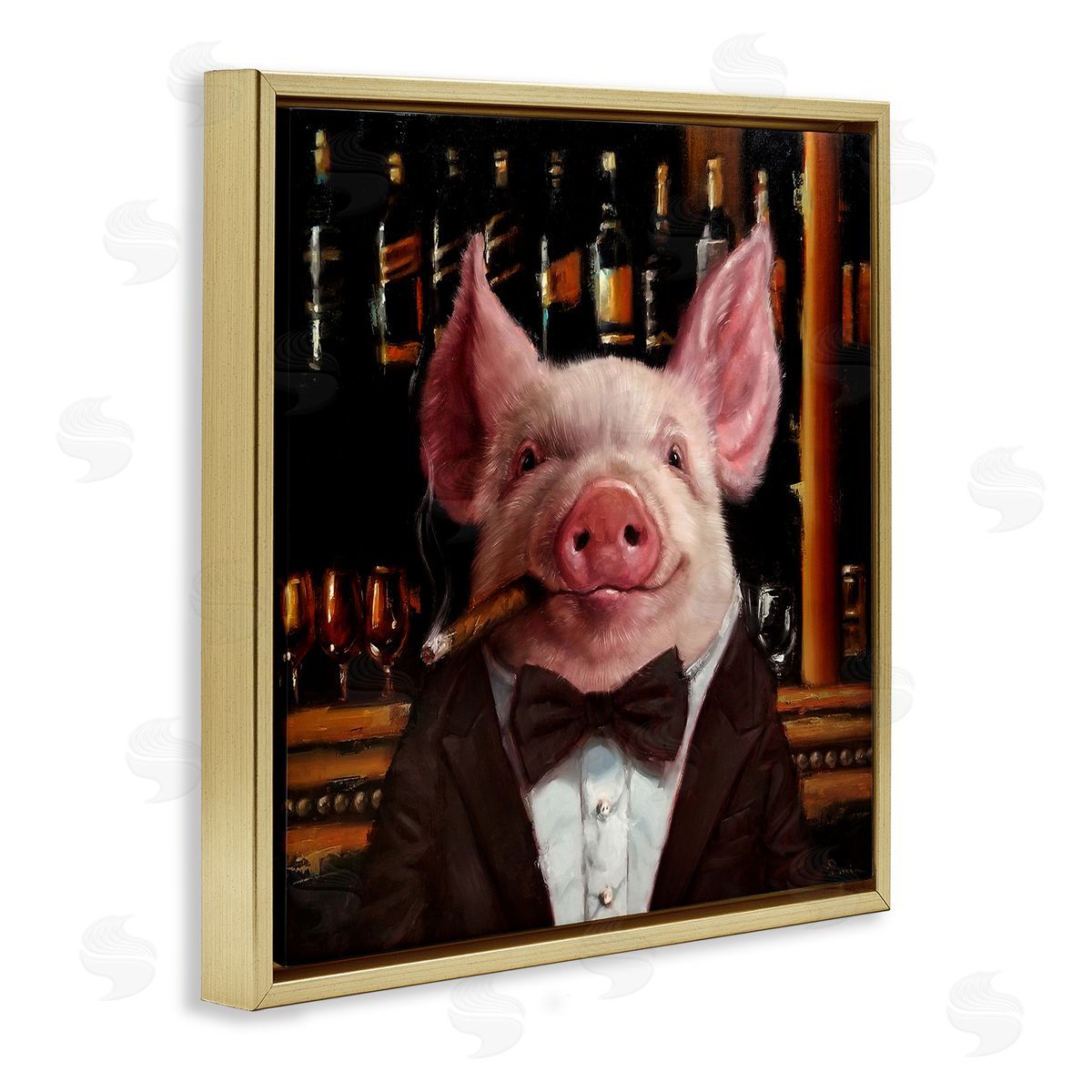 Classy Pig at Cigar Bar Gold Floating Frame Canvas Wall Art, Home Decor by Lucia Heffernan