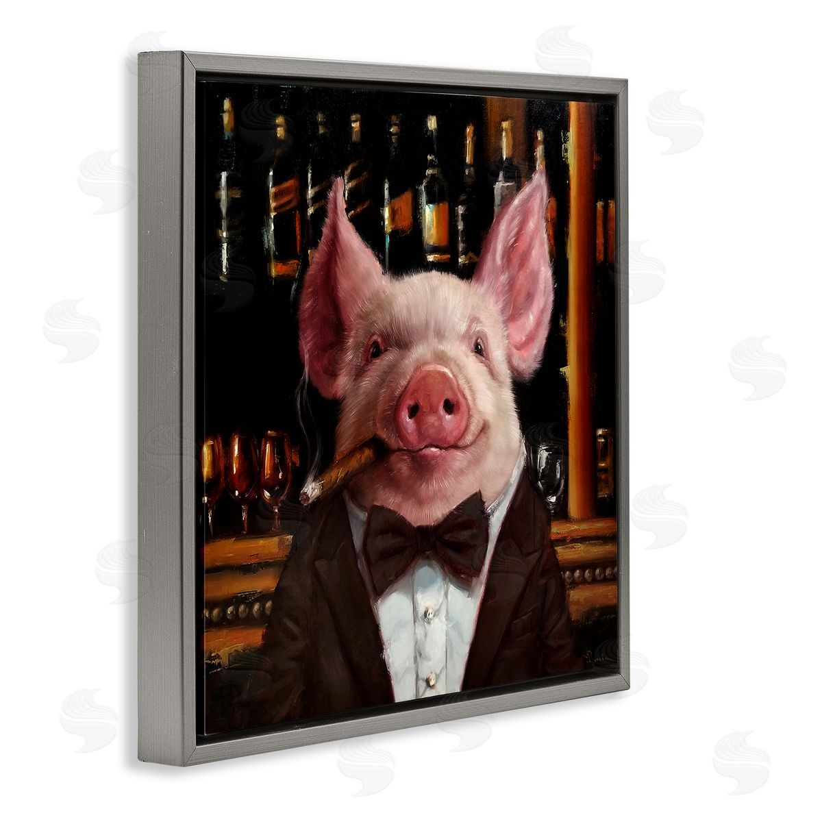 Classy Pig at Cigar Bar Grey Floating Frame Canvas Wall Art, Home Decor by Lucia Heffernan