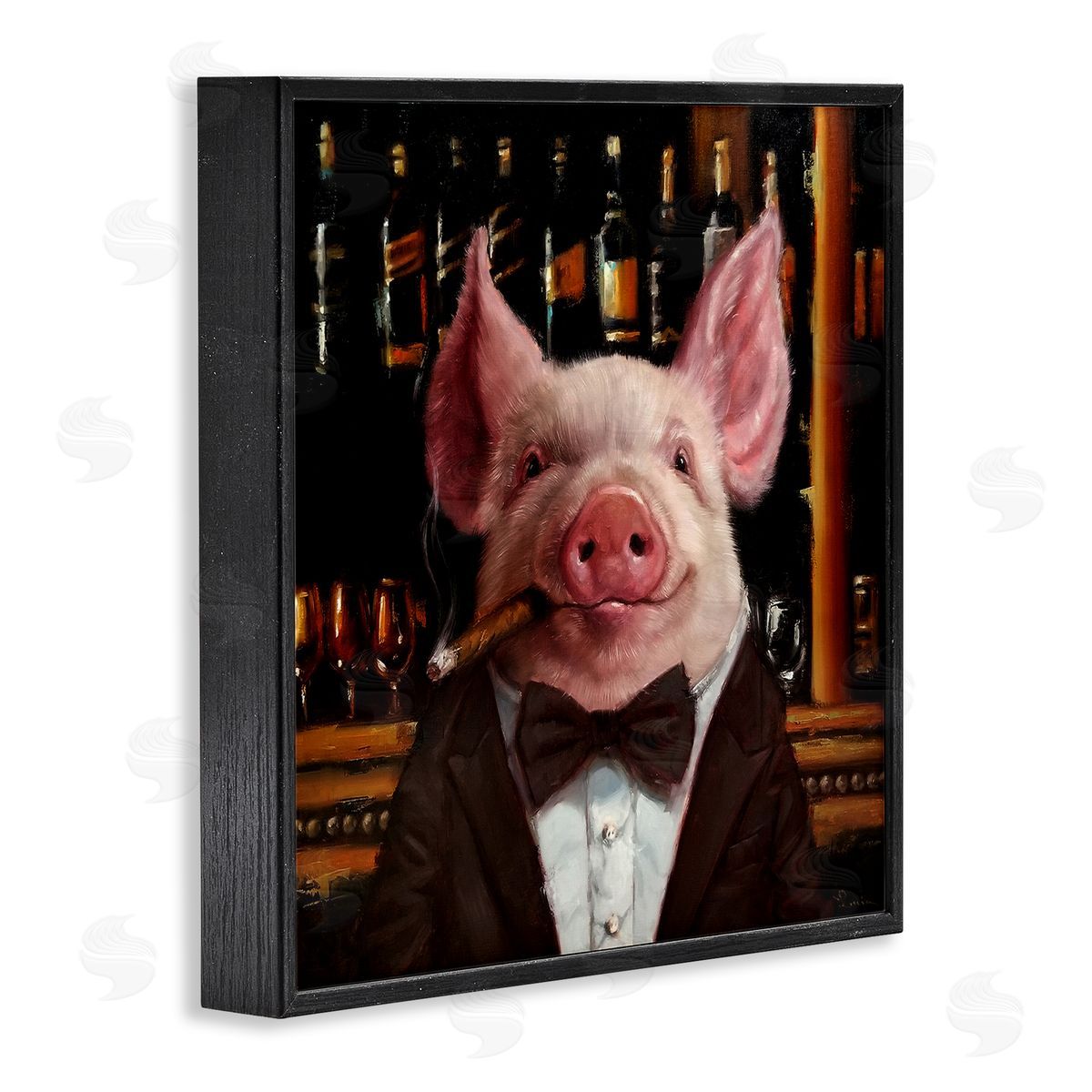 Classy Pig at Cigar Bar Black Frame Print Wall Art, Home Decor by Lucia Heffernan