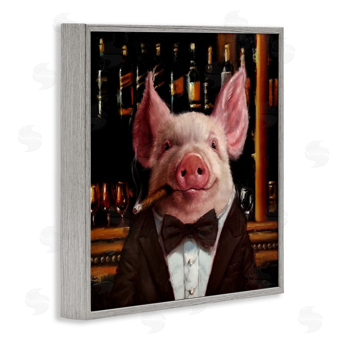 Classy Pig at Cigar Bar Grey Frame Print Wall Art, Home Decor by Lucia Heffernan