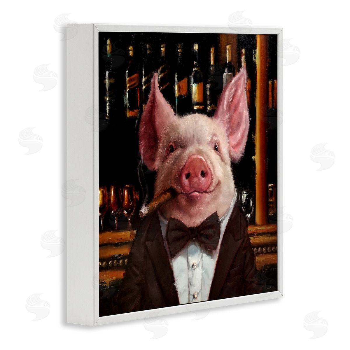 Classy Pig at Cigar Bar White Frame Print Wall Art, Home Decor by Lucia Heffernan
