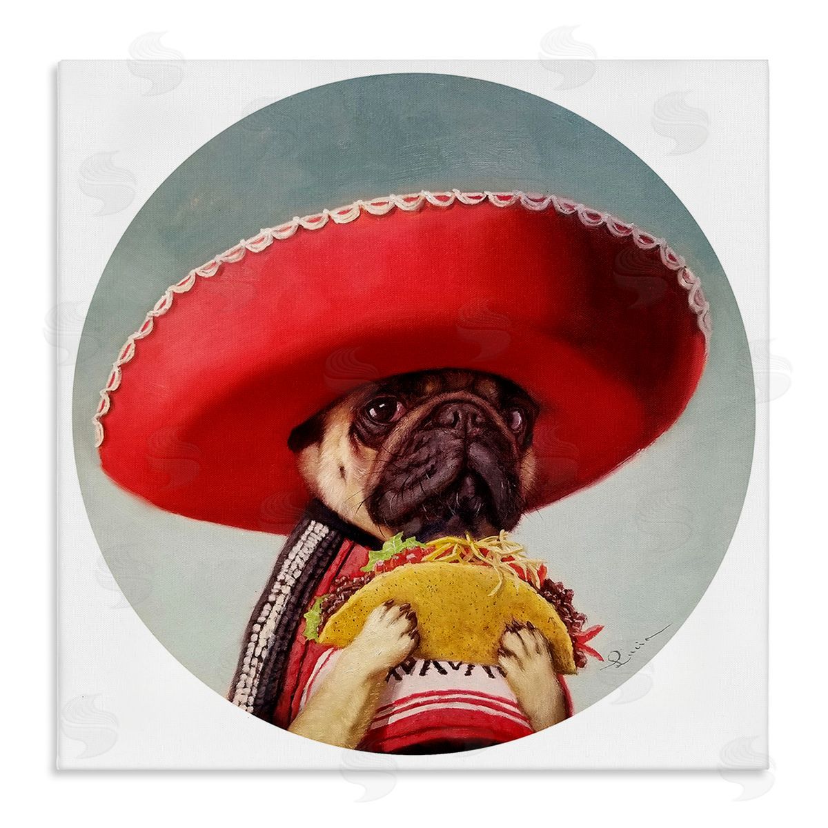 Pug in Sombrero with Taco Canvas Wall Art, Home Decor by Lucia Heffernan