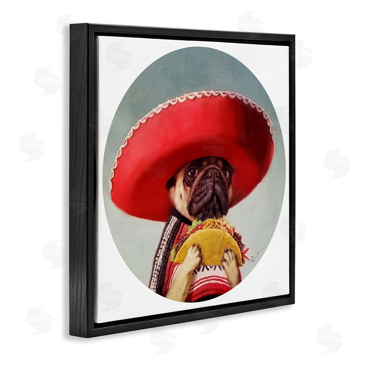 Pug in Sombrero with Taco Black Floating Frame Canvas Wall Art, Home Decor by Lucia Heffernan