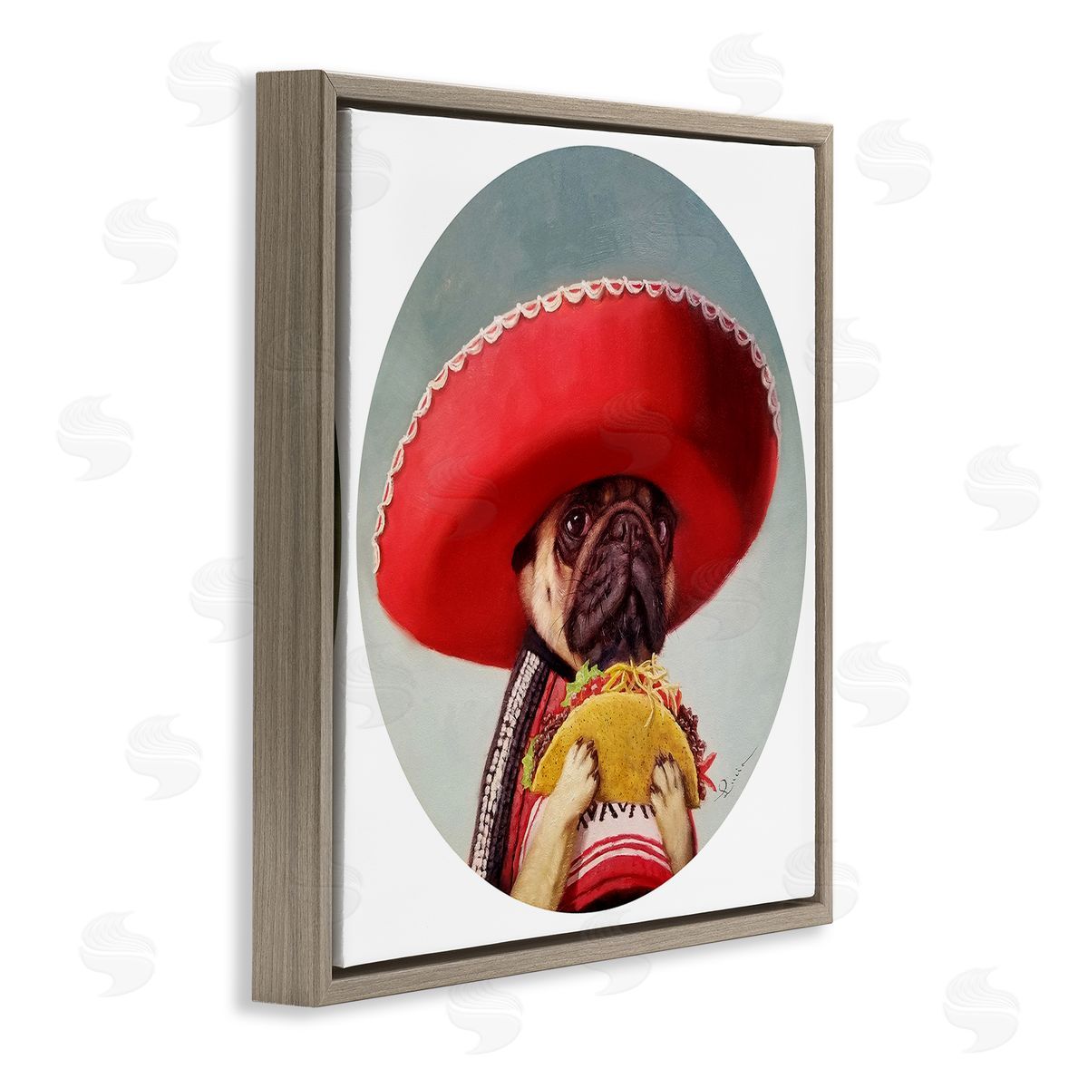 Pug in Sombrero with Taco Brown Floating Frame Canvas Wall Art, Home Decor by Lucia Heffernan