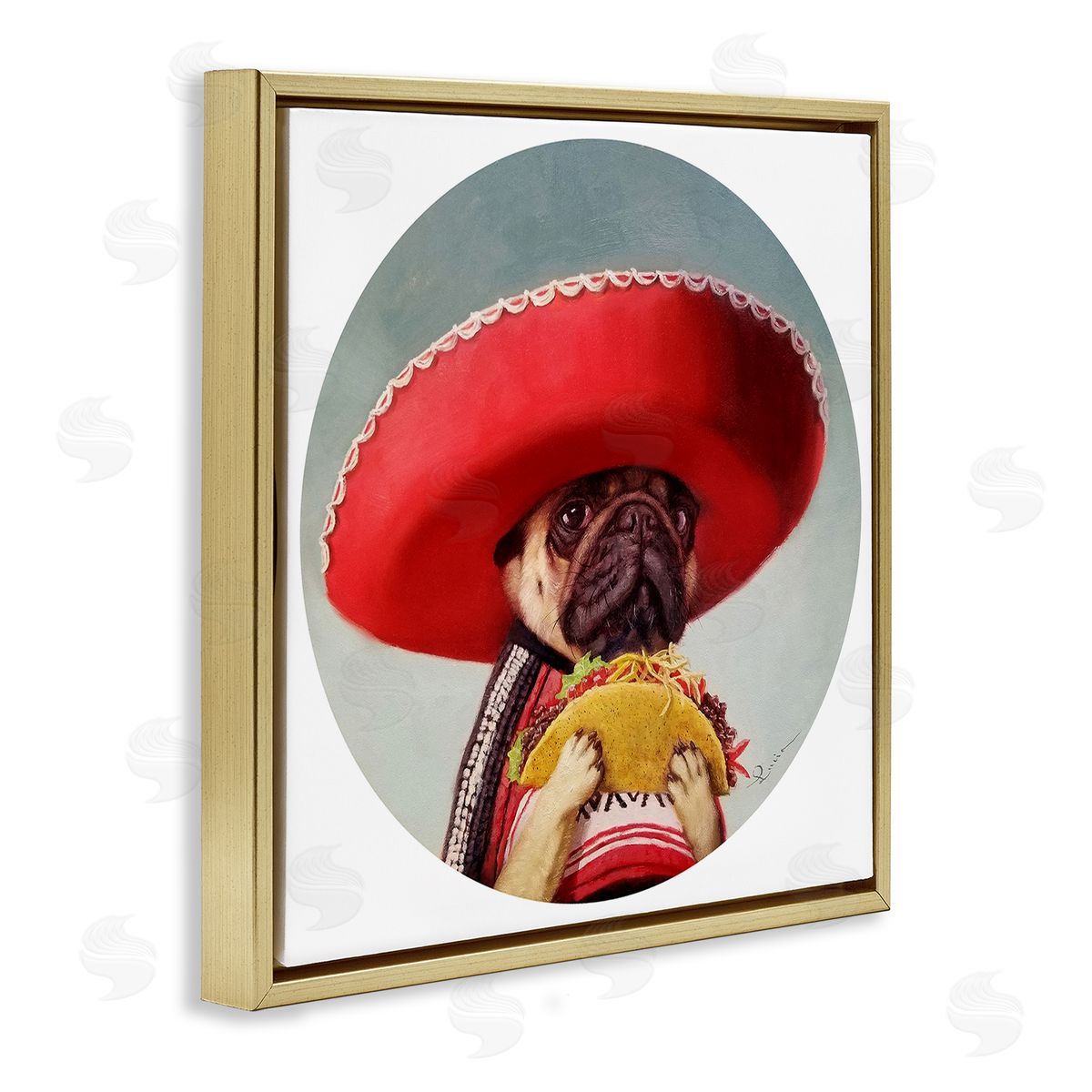 Pug in Sombrero with Taco Gold Floating Frame Canvas Wall Art, Home Decor by Lucia Heffernan
