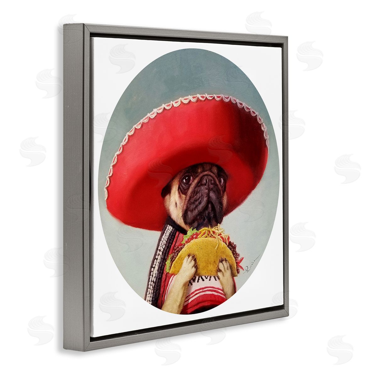 Pug in Sombrero with Taco Grey Floating Frame Canvas Wall Art, Home Decor by Lucia Heffernan