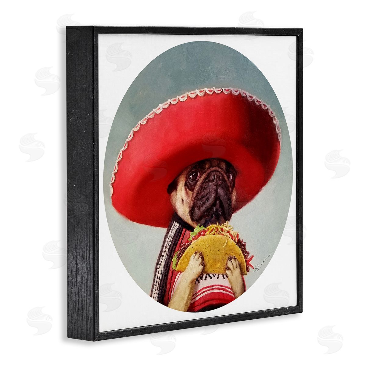 Pug in Sombrero with Taco Black Frame Print Wall Art, Home Decor by Lucia Heffernan
