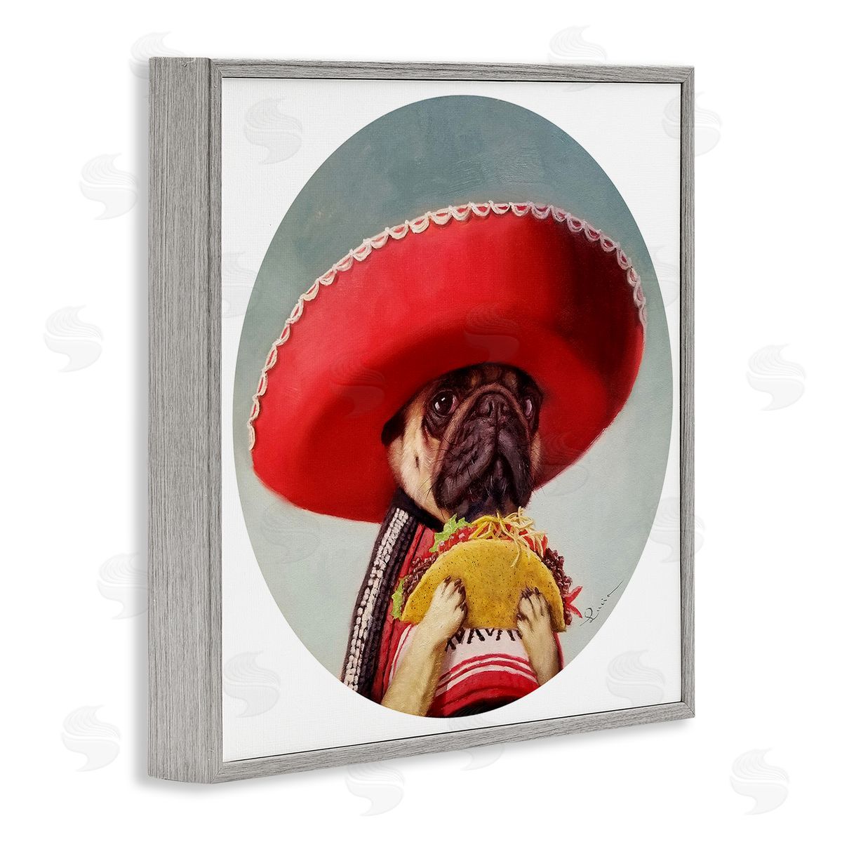 Pug in Sombrero with Taco Grey Frame Print Wall Art, Home Decor by Lucia Heffernan
