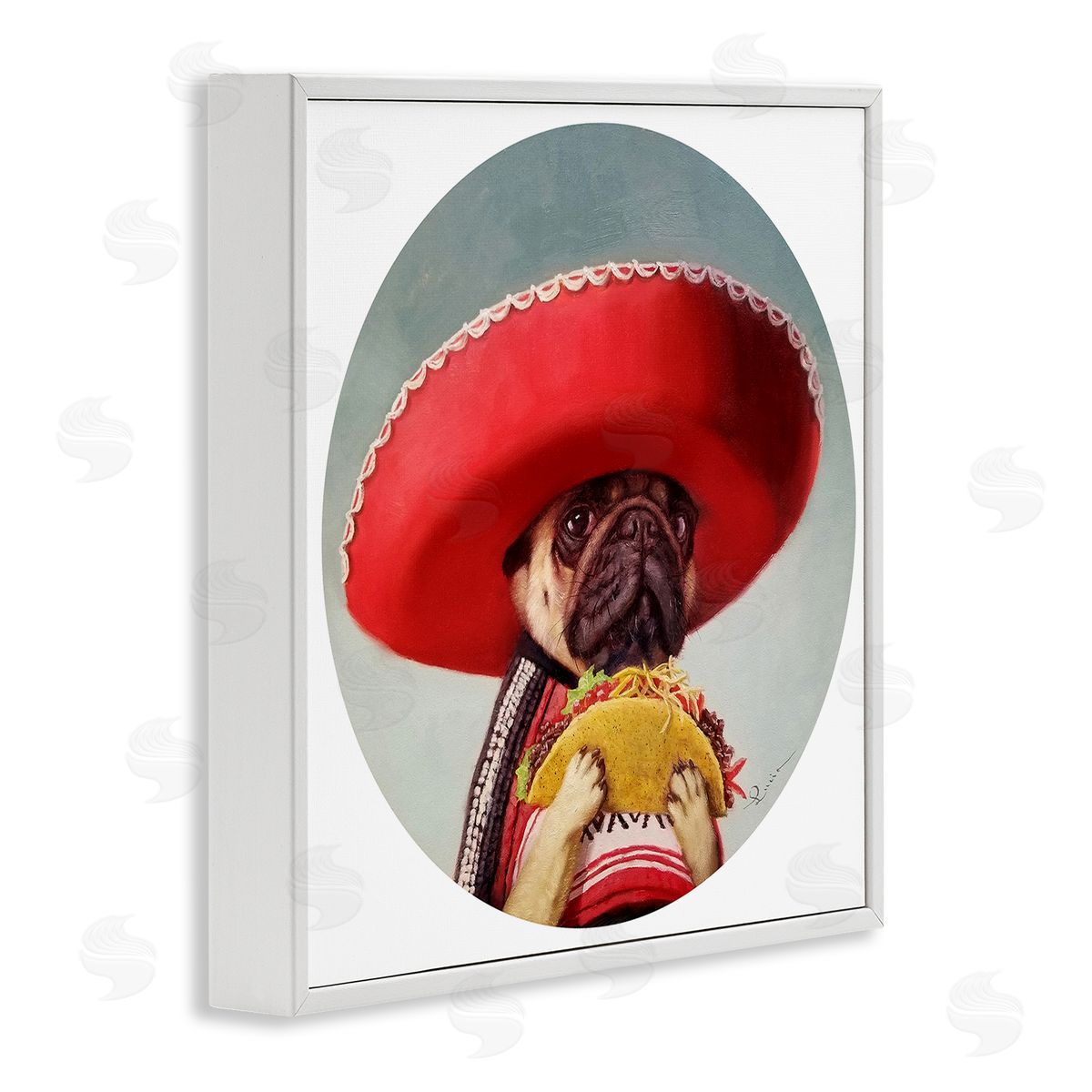 Pug in Sombrero with Taco White Frame Print Wall Art, Home Decor by Lucia Heffernan