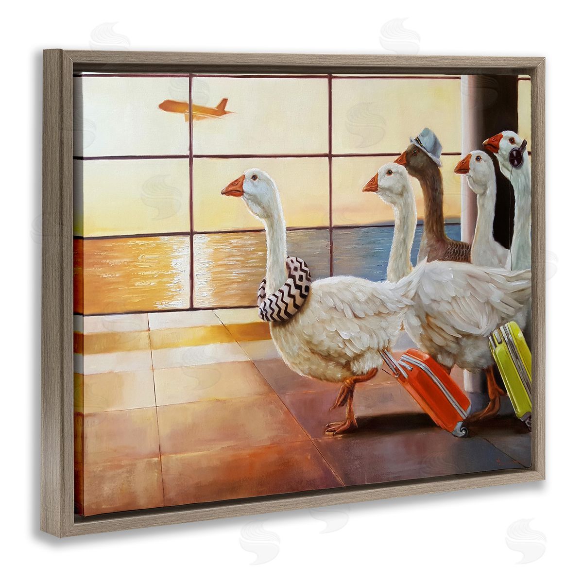 Flock of Geese at Airport Brown Floating Frame Canvas Wall Art, Home Decor by Lucia Heffernan