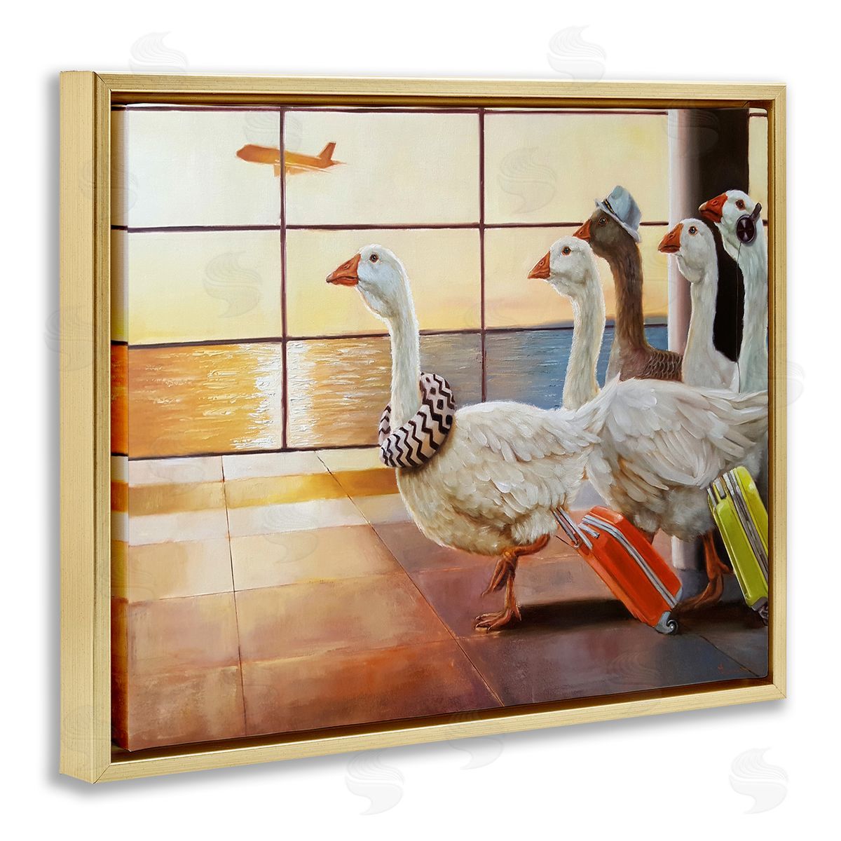 Flock of Geese at Airport Gold Floating Frame Canvas Wall Art, Home Decor by Lucia Heffernan