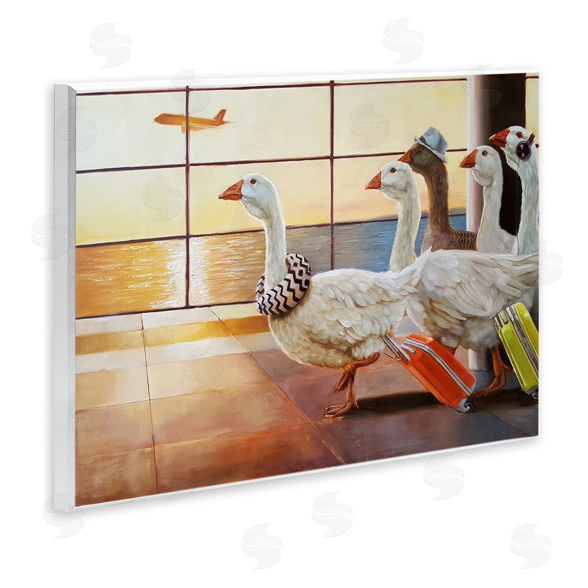 Flock of Geese at Airport Wood Plaque Wall Art, Home Decor by Lucia Heffernan