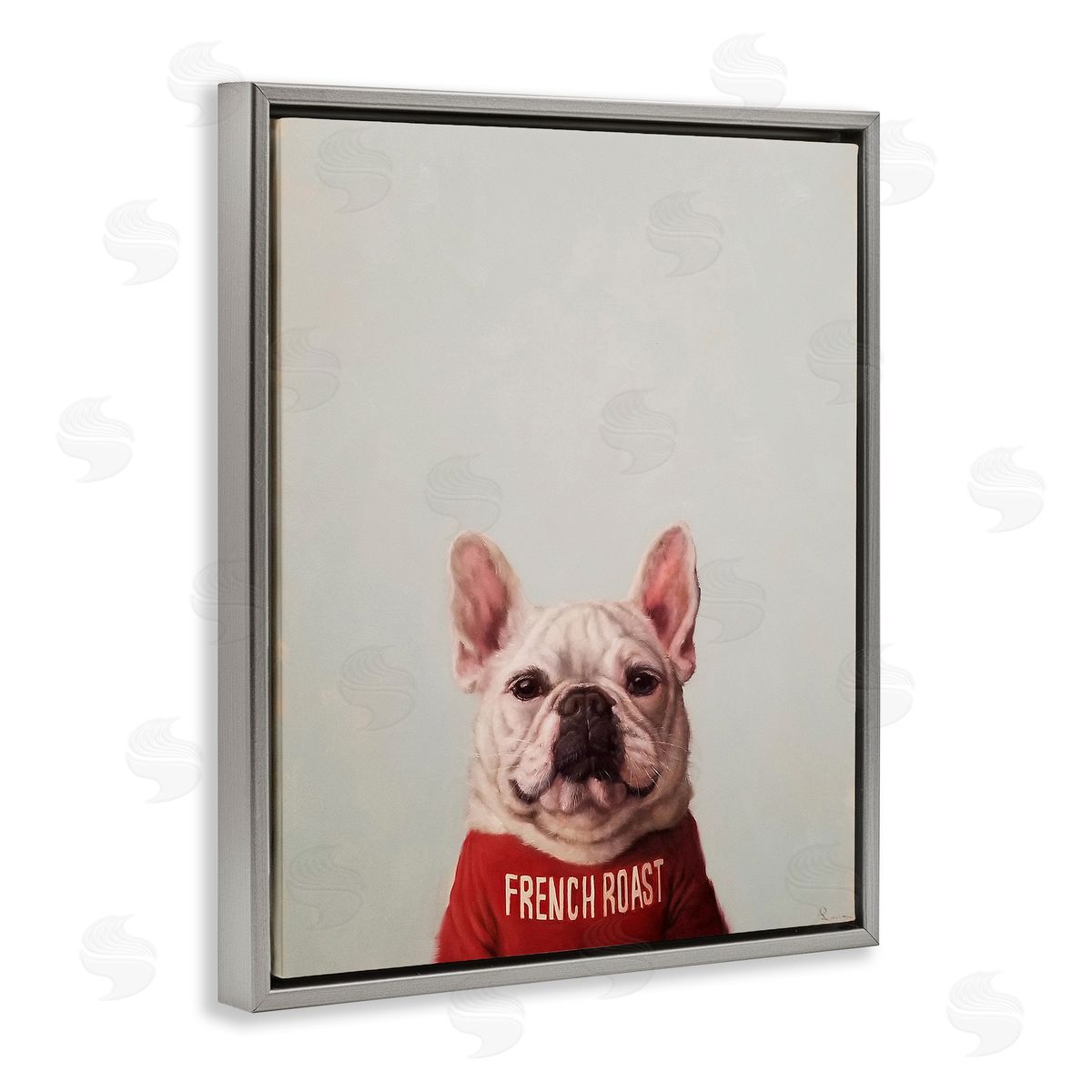 French Roast Coffee Dog Grey Floating Frame Canvas Wall Art, Home Decor by Lucia Heffernan