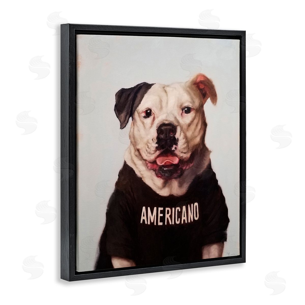 Americano Coffee Dog Black Floating Frame Canvas Wall Art, Home Decor by Lucia Heffernan