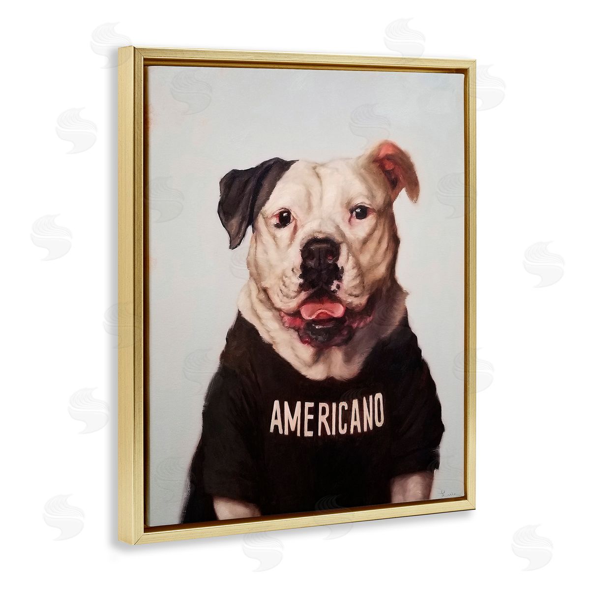 Americano Coffee Dog Gold Floating Frame Canvas Wall Art, Home Decor by Lucia Heffernan