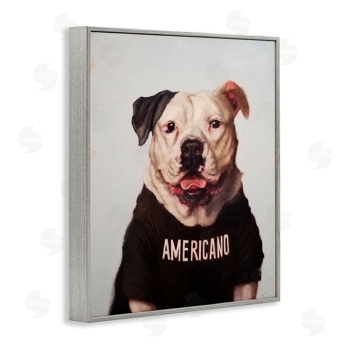 Americano Coffee Dog Grey Frame Print Wall Art, Home Decor by Lucia Heffernan
