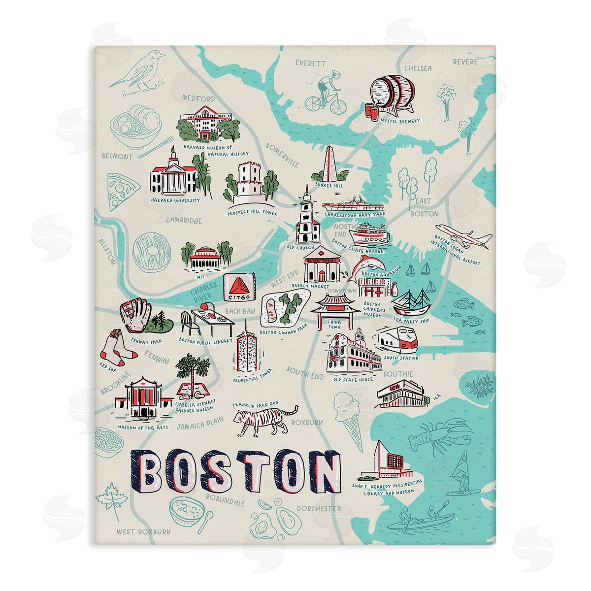 Illustrated Boston Landmark Map Canvas Wall Art, Home Decor by Ziwei Li