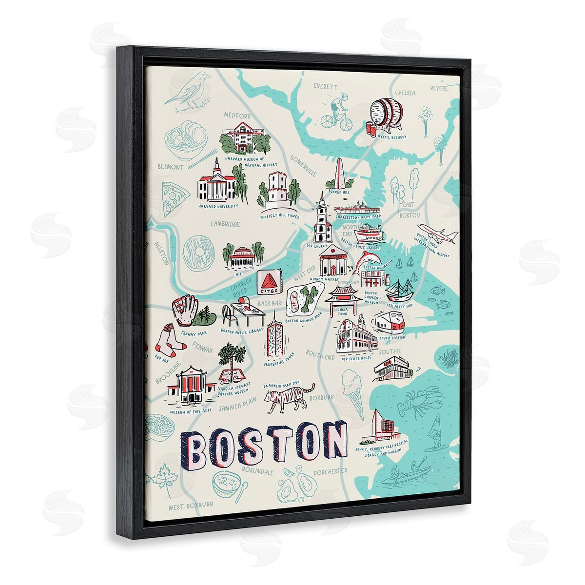 Illustrated Boston Landmark Map Black Floating Frame Canvas Wall Art, Home Decor by Ziwei Li