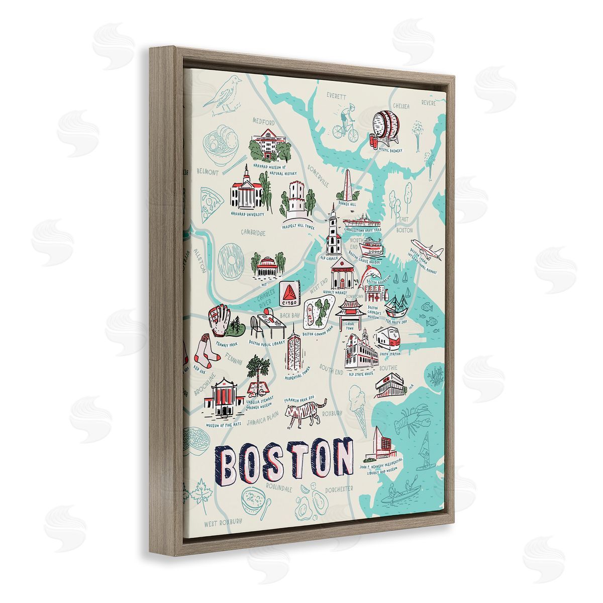 Illustrated Boston Landmark Map Brown Floating Frame Canvas Wall Art, Home Decor by Ziwei Li