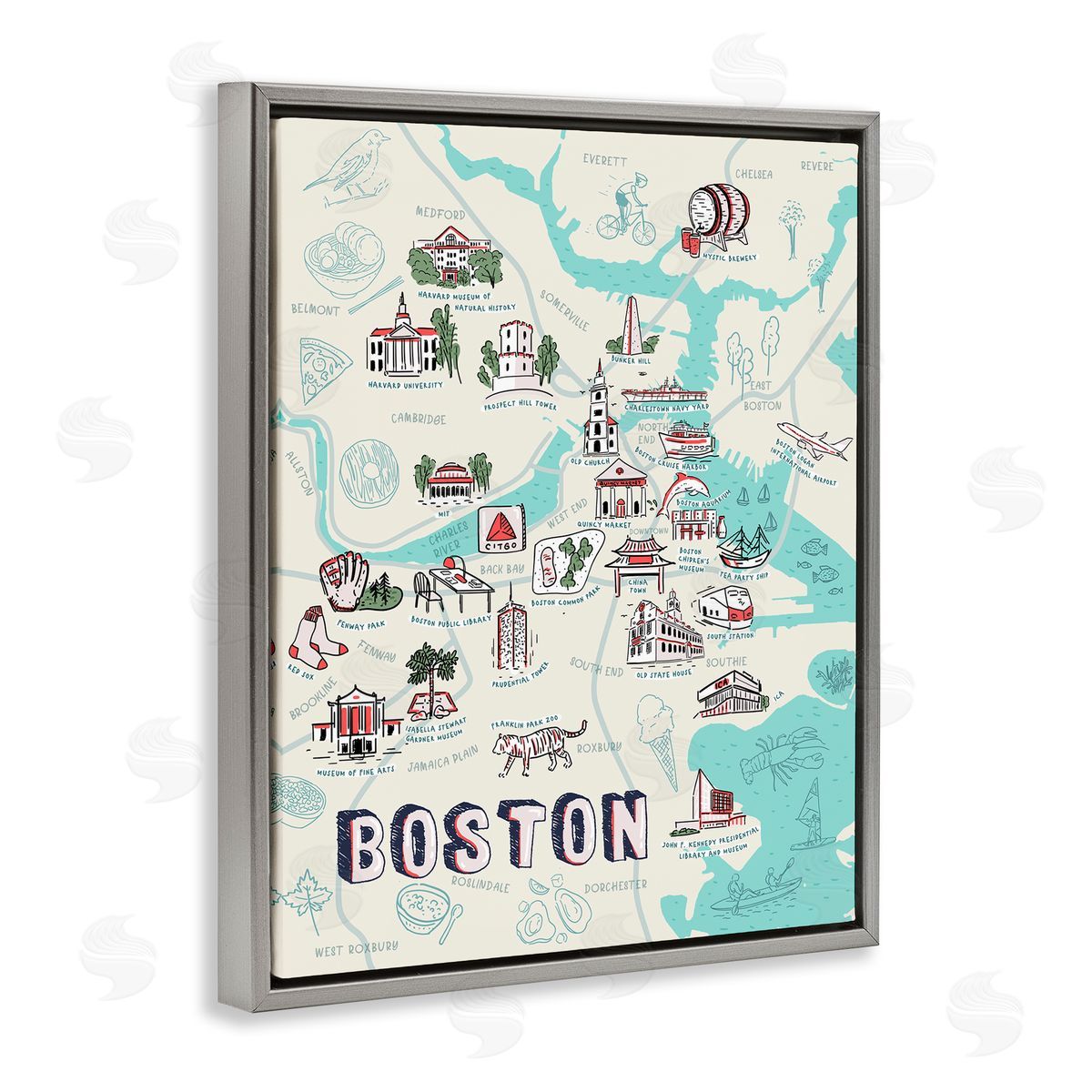 Illustrated Boston Landmark Map Grey Floating Frame Canvas Wall Art, Home Decor by Ziwei Li