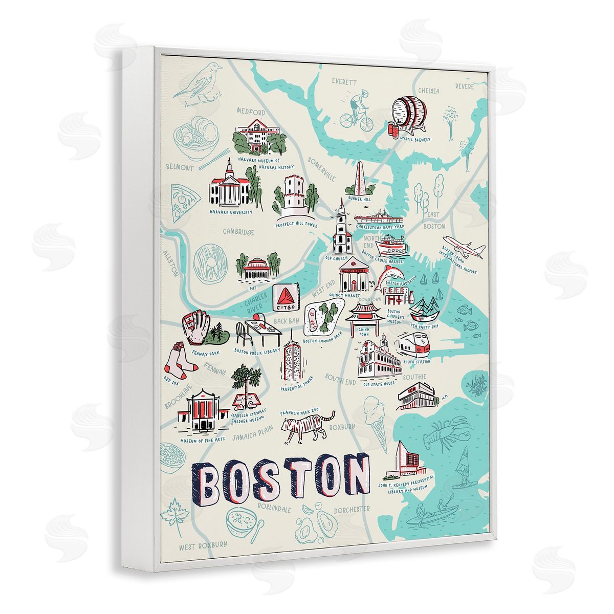 Illustrated Boston Landmark Map White Frame Print Wall Art, Home Decor by Ziwei Li