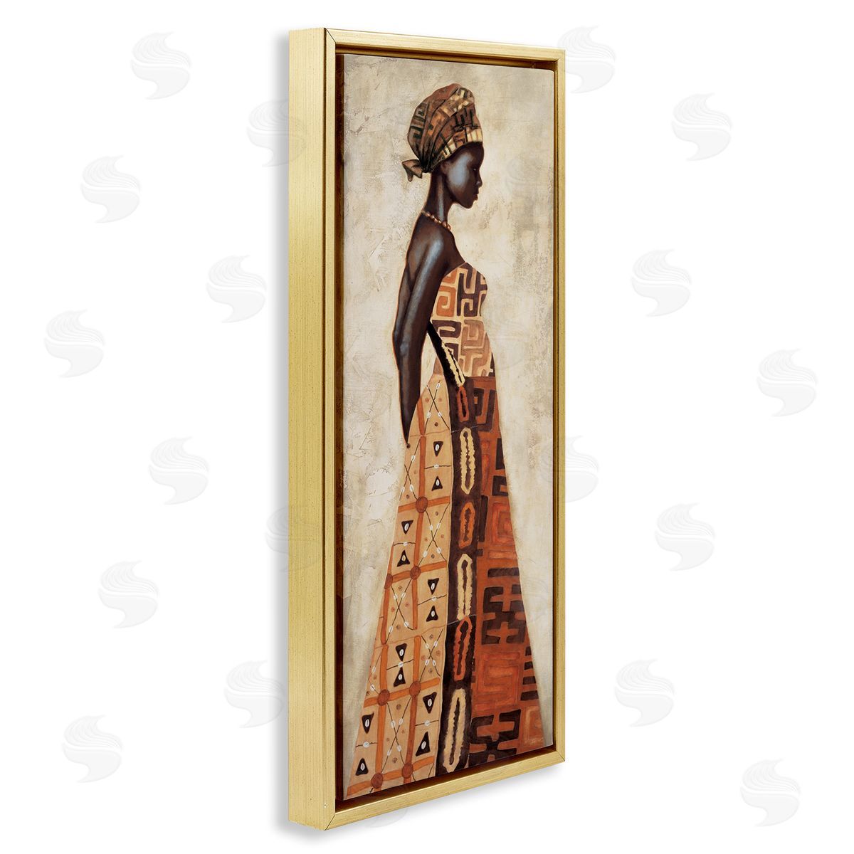 Elegant African Woman in Dress Gold Floating Frame Canvas Wall Art, Home Decor by Jacques Leconte