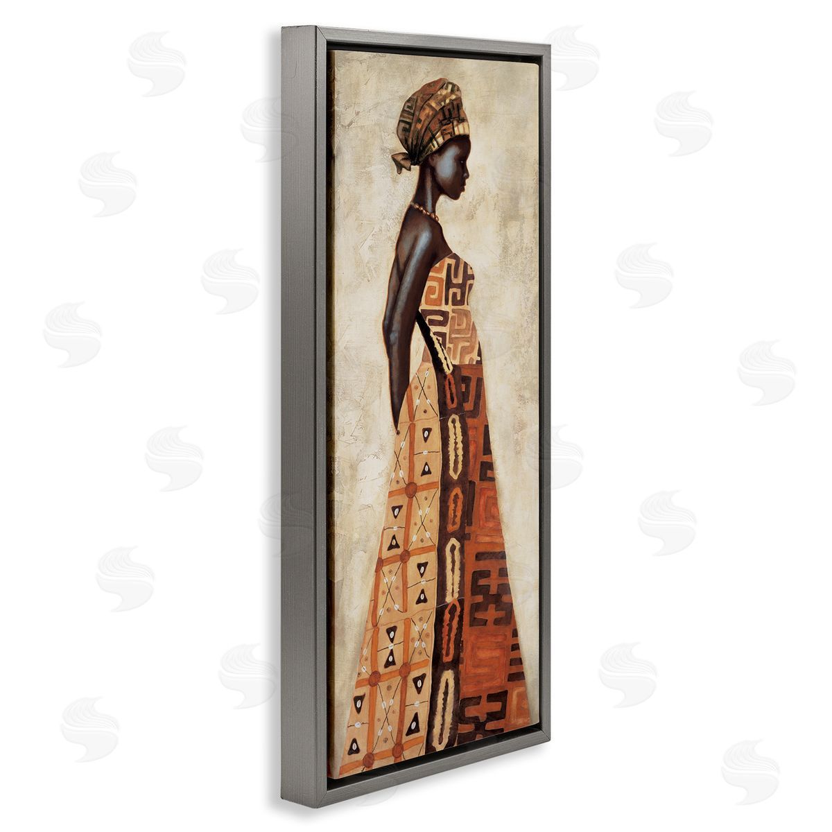 Elegant African Woman in Dress Grey Floating Frame Canvas Wall Art, Home Decor by Jacques Leconte