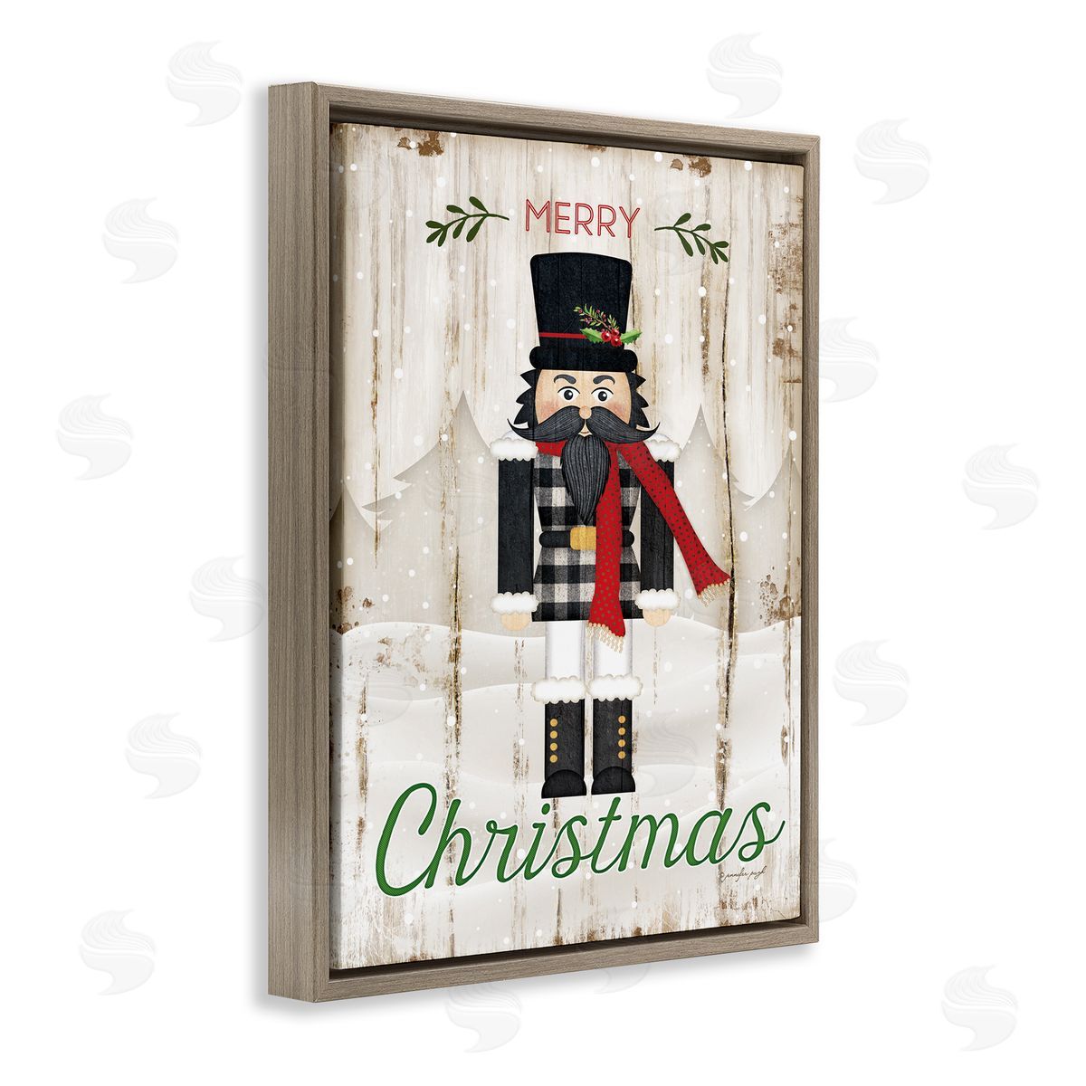 Merry Christmas Winter Nutcracker Brown Floating Frame Canvas Wall Art, Home Decor by Jennifer Pugh