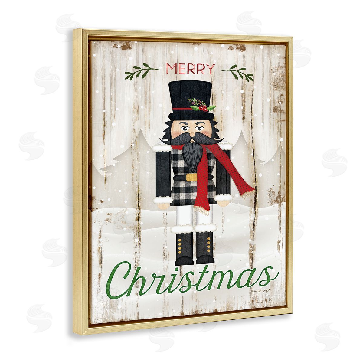 Merry Christmas Winter Nutcracker Gold Floating Frame Canvas Wall Art, Home Decor by Jennifer Pugh