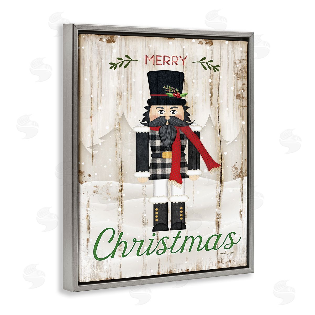 Merry Christmas Winter Nutcracker Grey Floating Frame Canvas Wall Art, Home Decor by Jennifer Pugh