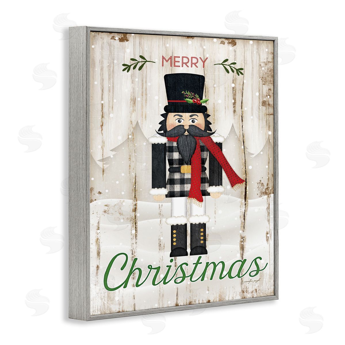 Merry Christmas Winter Nutcracker Grey Frame Print Wall Art, Home Decor by Jennifer Pugh