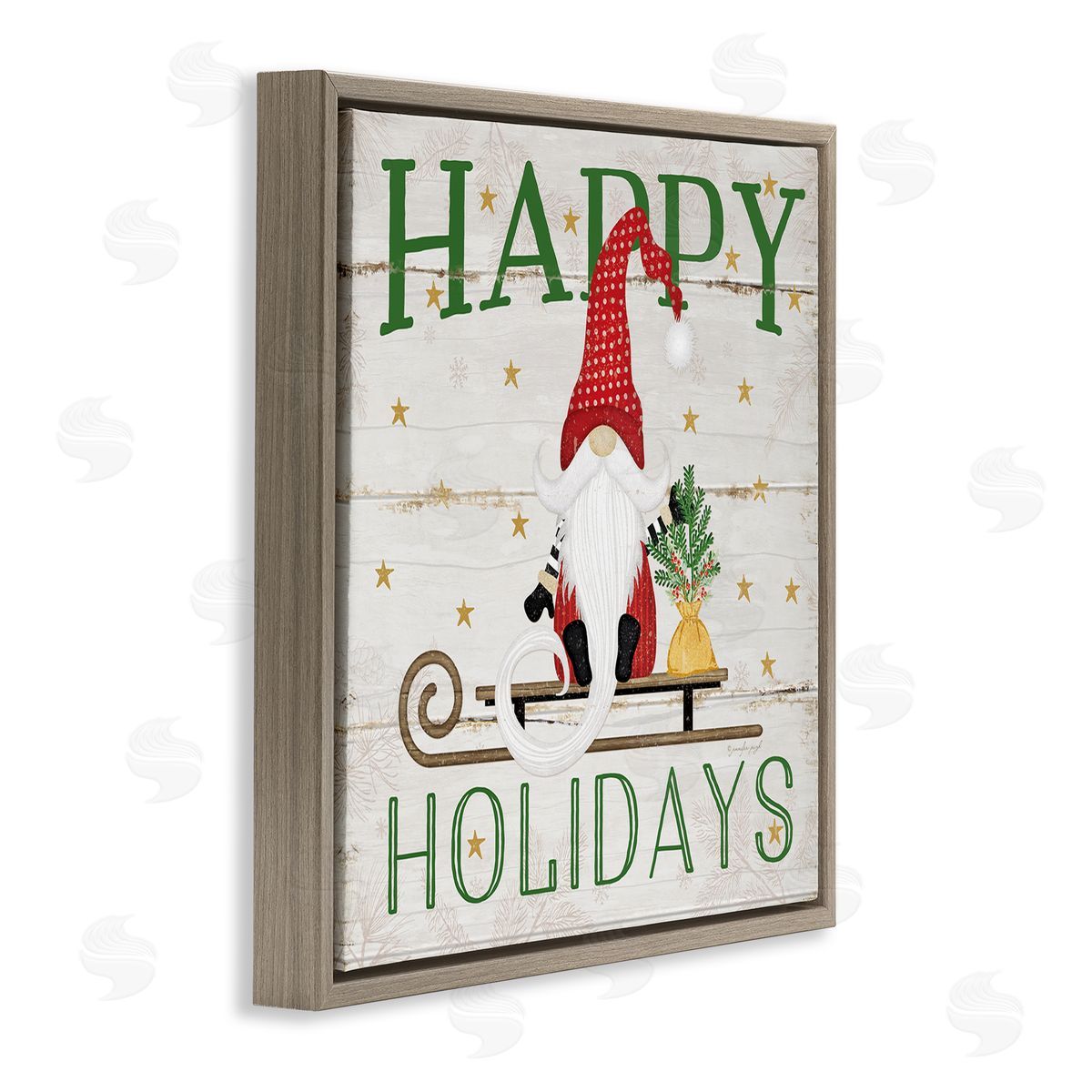 Happy Holidays Gnome Sled Brown Floating Frame Canvas Wall Art, Home Decor by Jennifer Pugh