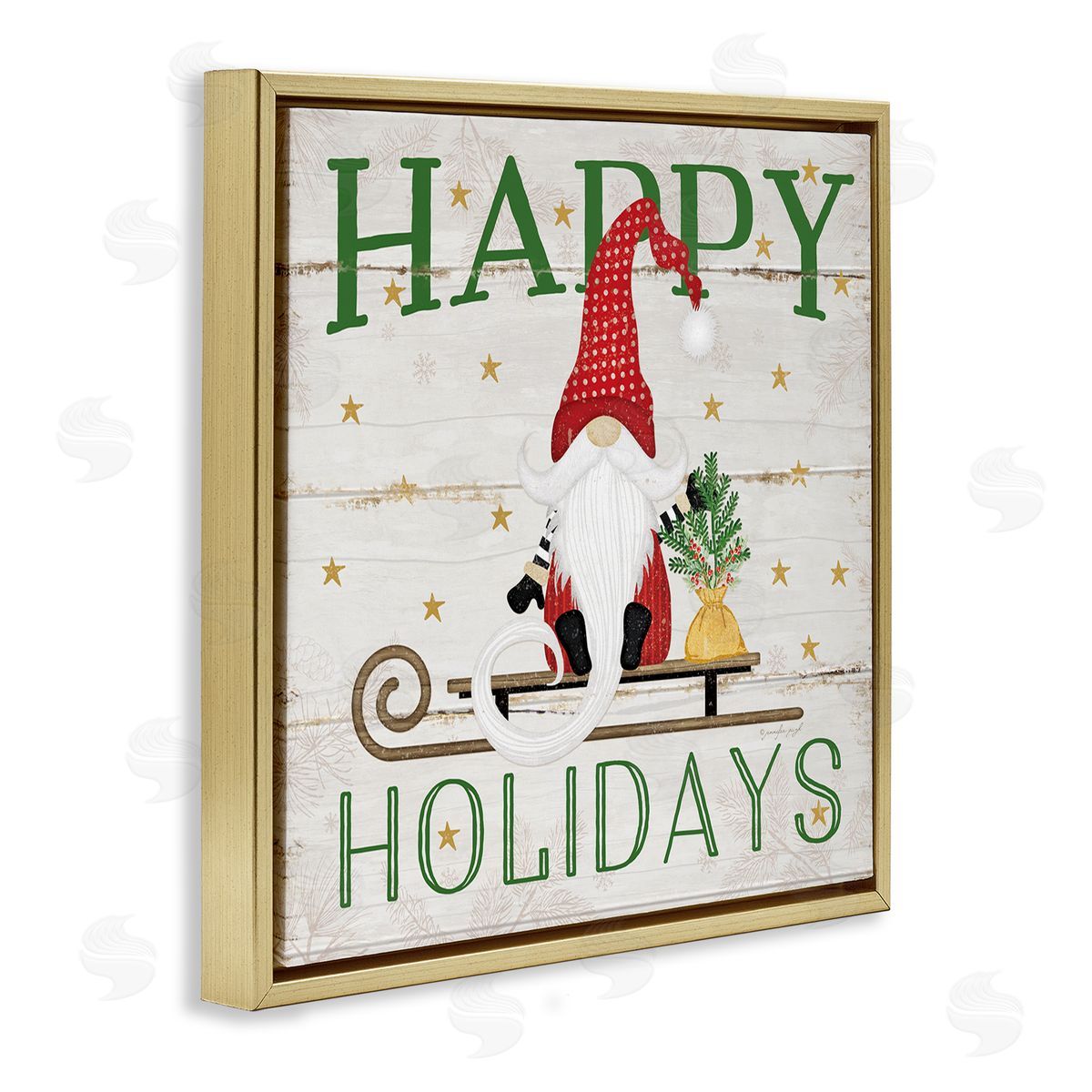 Happy Holidays Gnome Sled Gold Floating Frame Canvas Wall Art, Home Decor by Jennifer Pugh