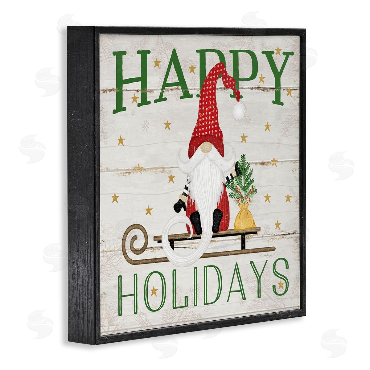 Happy Holidays Gnome Sled Black Frame Print Wall Art, Home Decor by Jennifer Pugh