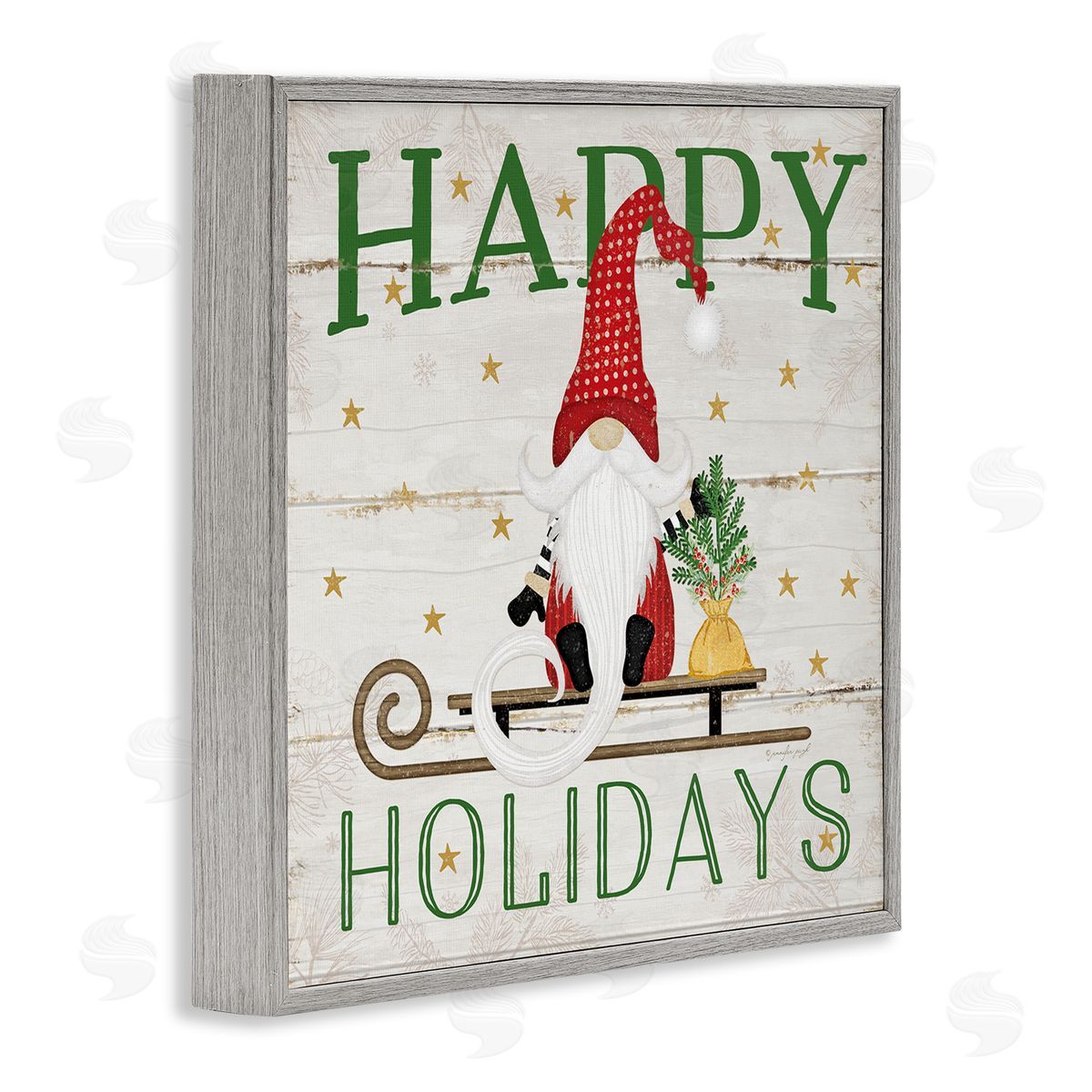 Happy Holidays Gnome Sled Grey Frame Print Wall Art, Home Decor by Jennifer Pugh
