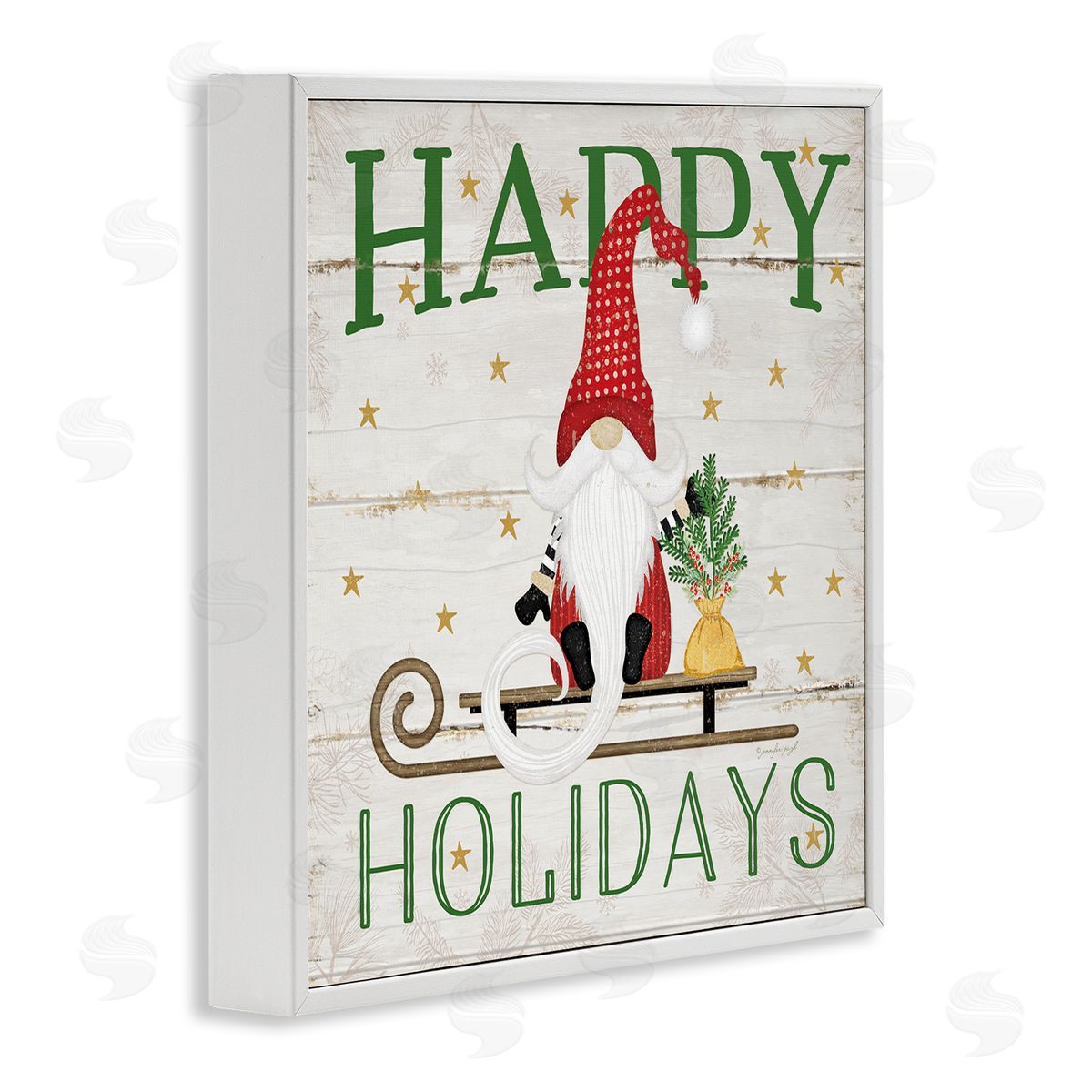 Happy Holidays Gnome Sled White Frame Print Wall Art, Home Decor by Jennifer Pugh