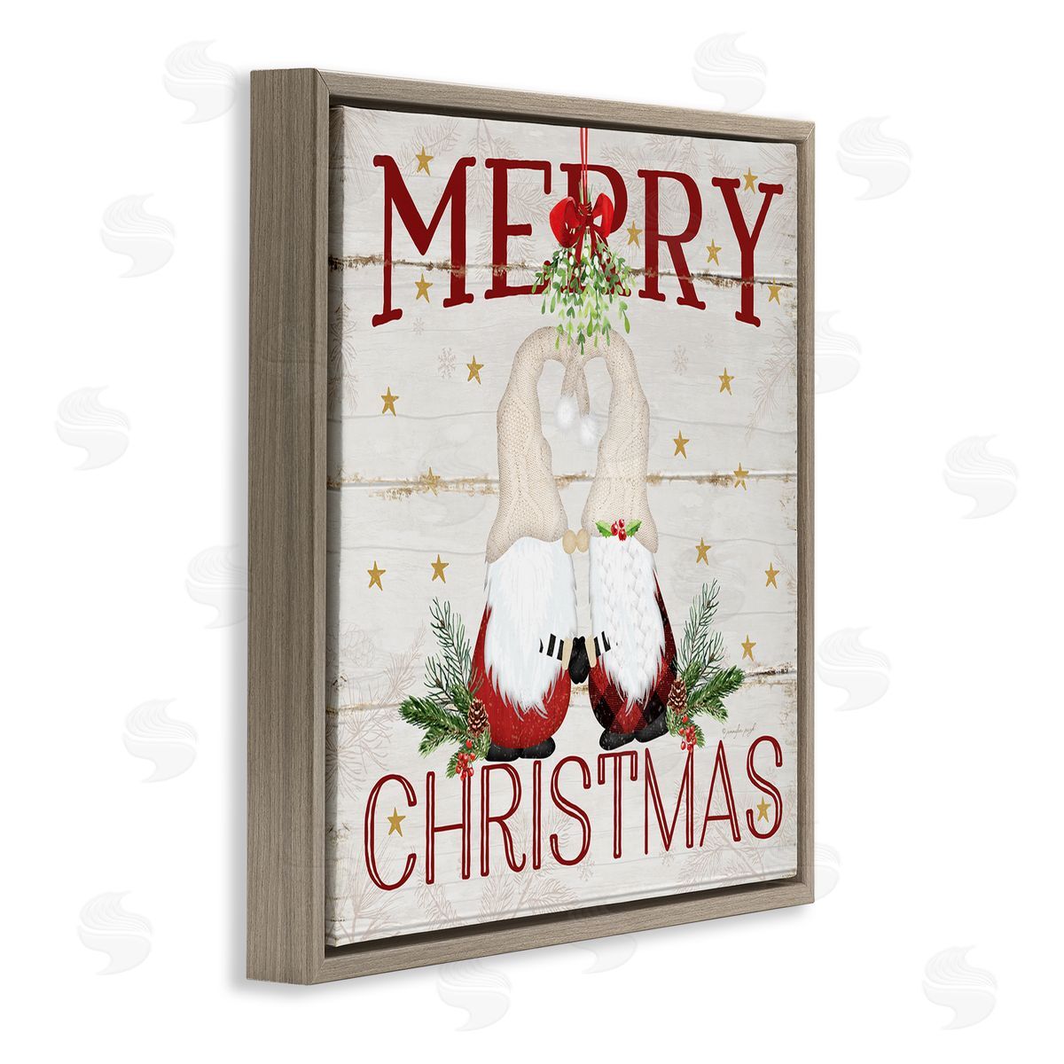 Merry Christmas Gnome Mistletoe Brown Floating Frame Canvas Wall Art, Home Decor by Jennifer Pugh