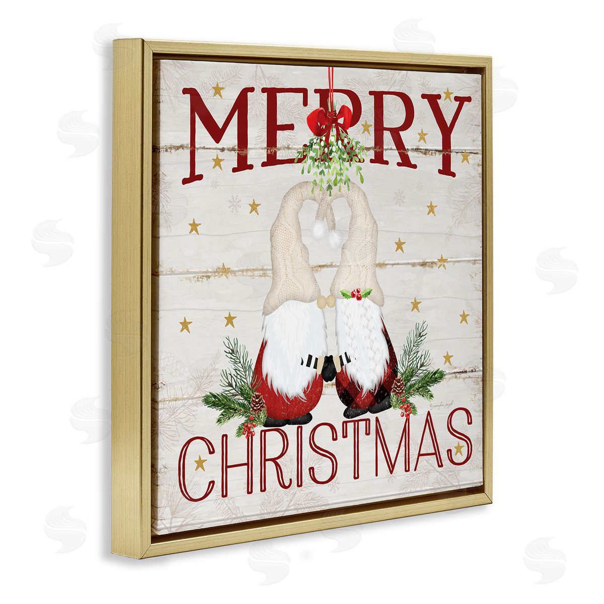 Merry Christmas Gnome Mistletoe Gold Floating Frame Canvas Wall Art, Home Decor by Jennifer Pugh