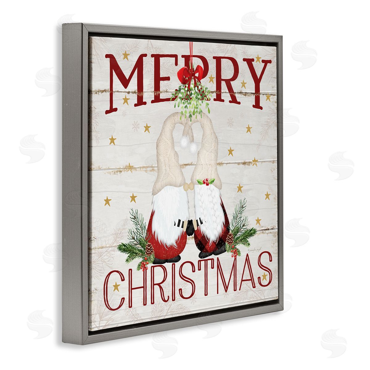 Merry Christmas Gnome Mistletoe Grey Floating Frame Canvas Wall Art, Home Decor by Jennifer Pugh