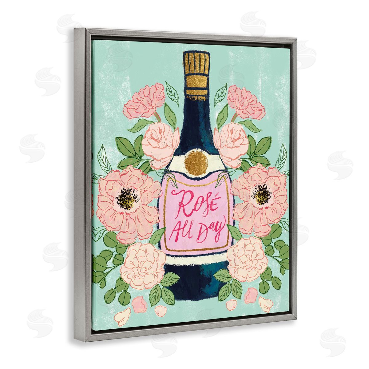 Rose All Day Pink Florals Grey Floating Frame Canvas Wall Art, Home Decor by Joy Ting