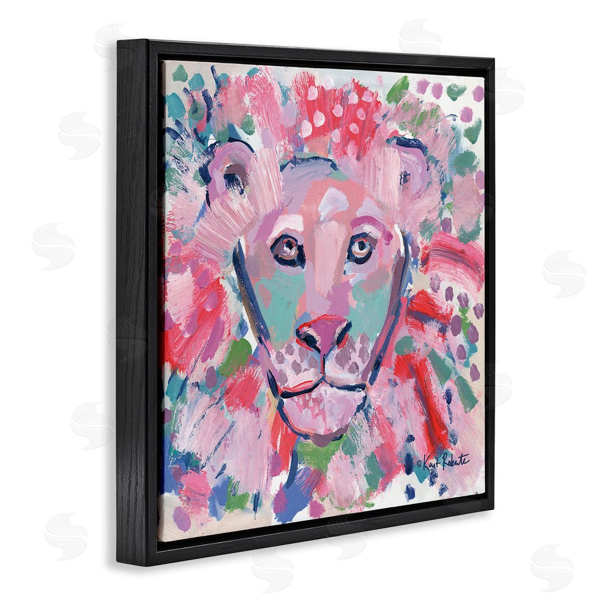 Lion Portrait Pink Abstract Black Floating Frame Canvas Wall Art, Home Decor by Kait Roberts