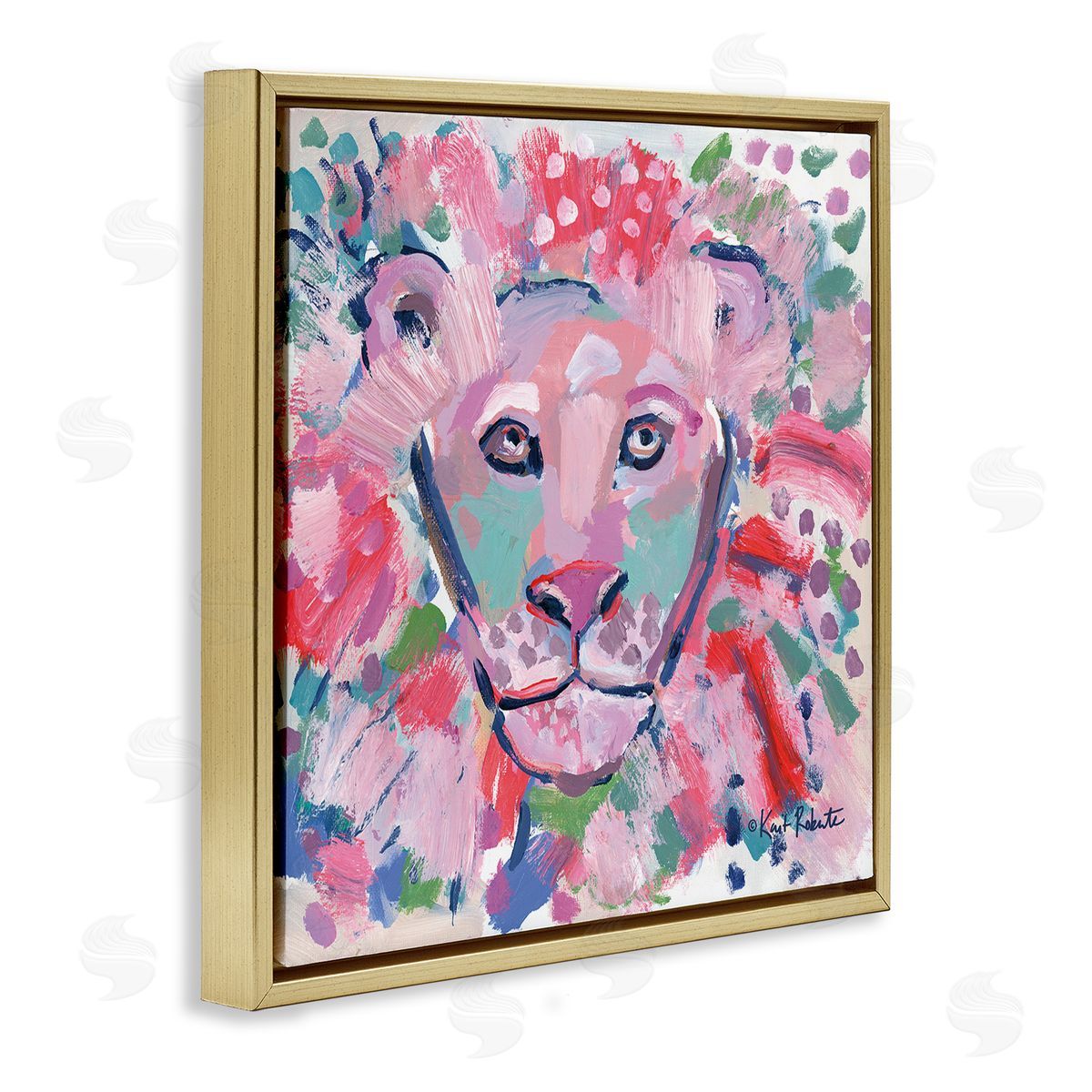 Lion Portrait Pink Abstract Gold Floating Frame Canvas Wall Art, Home Decor by Kait Roberts