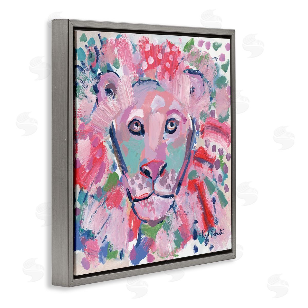 Lion Portrait Pink Abstract Grey Floating Frame Canvas Wall Art, Home Decor by Kait Roberts